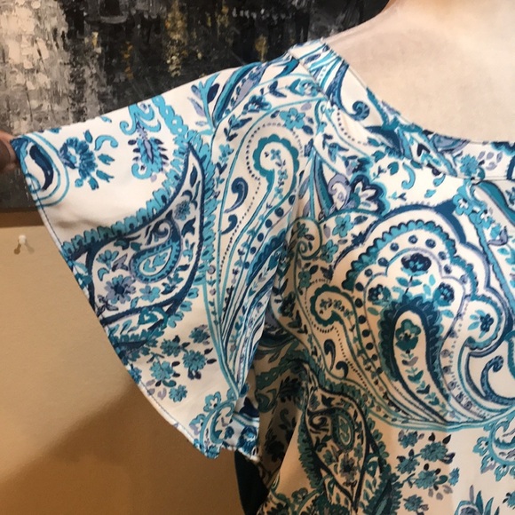 7th Avenue NY&C Blue Floral Paisley Mixed Media Short Sleeve Blouse-Size M - Picture 6 of 13